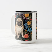 Cute Pug Elegant Colorful Floral ツートーンマグカップ (正面左)