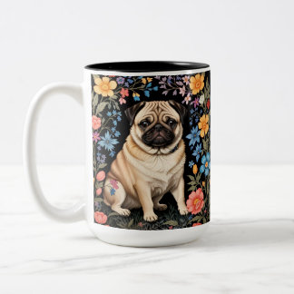 Cute Pug Elegant Colorful Floral ツートーンマグカップ