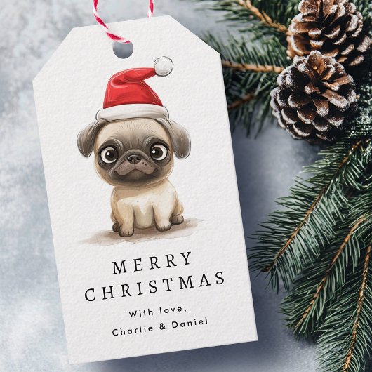 Cute pug in Santa hat illustration Merry Christmas ギフトタグ