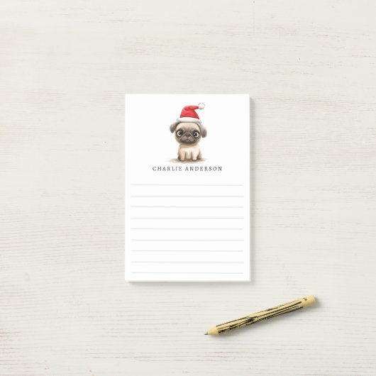 Cute pug in Santa hat name lined Christmas ポストイット (デスク上)