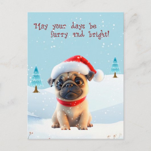 Cute Pug in Snow Christmas Card シーズンポストカード (正面)