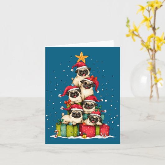 Cute Pug Le Dog Christmas Tree Xmas Hat Long Sleev カード (黄色い花)