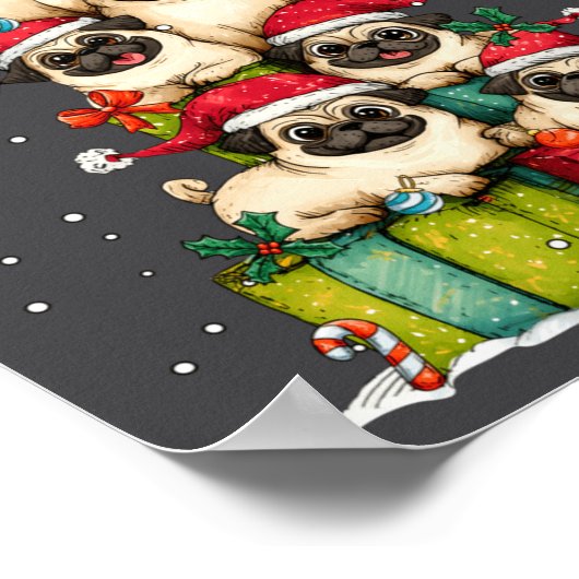 Cute Pug Le Dog Christmas Tree Xmas Hat Long Sleev ポスター (角)