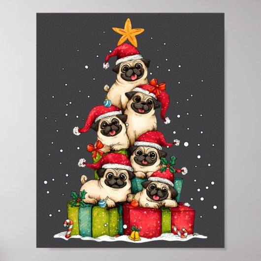Cute Pug Le Dog Christmas Tree Xmas Hat Long Sleev ポスター (正面)