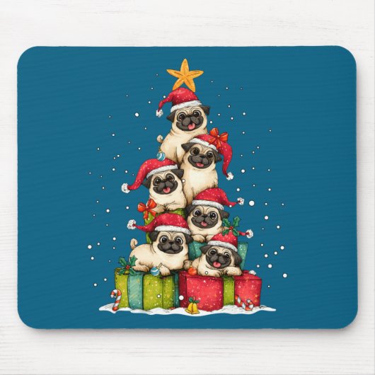 Cute Pug Le Dog Christmas Tree Xmas Hat Long Sleev マウスパッド (正面)