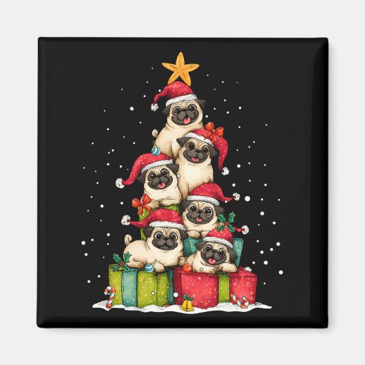 Cute Pug Le Dog Christmas Tree Xmas Hat Long Sleev マグネット (正面)