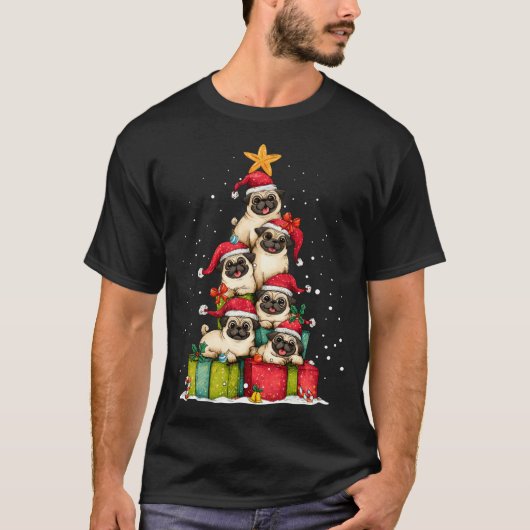 Cute Pug Le Dog Christmas Tree Xmas Hat Long Sleev Tシャツ (正面)