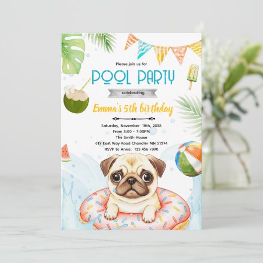 Cute pug pool party theme invite 招待状 (スタンド正面)