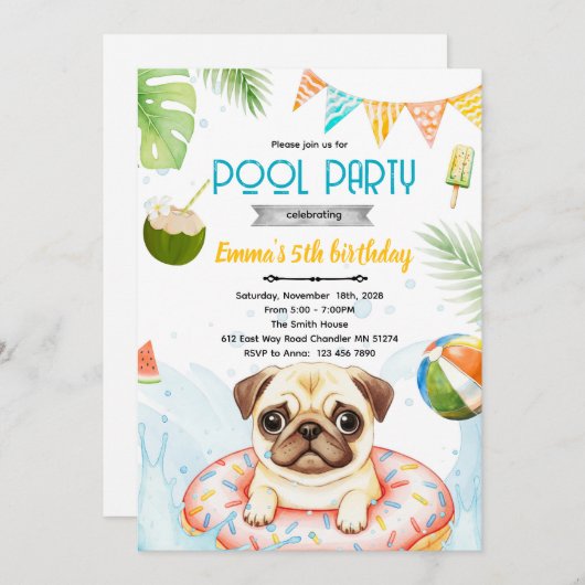 Cute pug pool party theme invite 招待状 (正面/裏面)