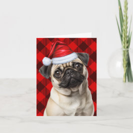 Cute Pug Santa Dog Red Buffalo Plaid Christmas シーズンカード