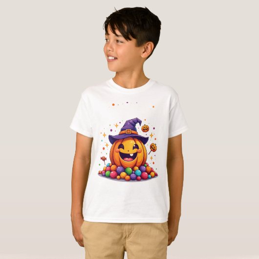 Cute Pumpkin Candy Pile Halloween T-Shirt Tシャツ (正面フル)