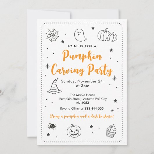 Cute Pumpkin Carving Party Halloween Doodles 招待状 (正面)