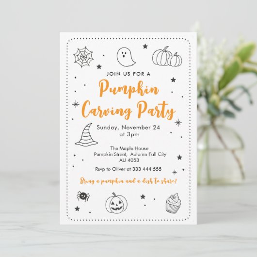 Cute Pumpkin Carving Party Halloween Doodles 招待状 (スタンド正面)