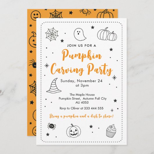 Cute Pumpkin Carving Party Halloween Doodles 招待状 (正面/裏面)