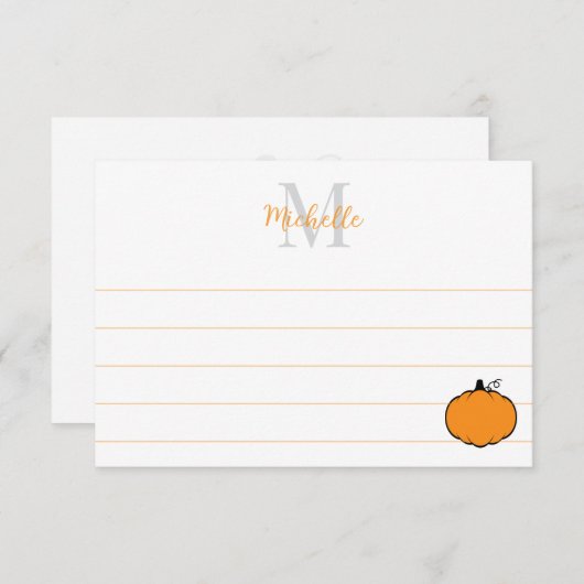 Cute Pumpkin Drawing Custom Monogram Lined ノートカード (正面/裏面)