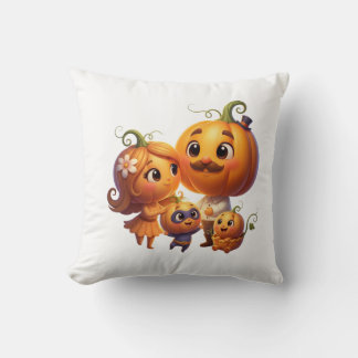 Cute Pumpkin Family Portrait Fall Throw Pillow クッション