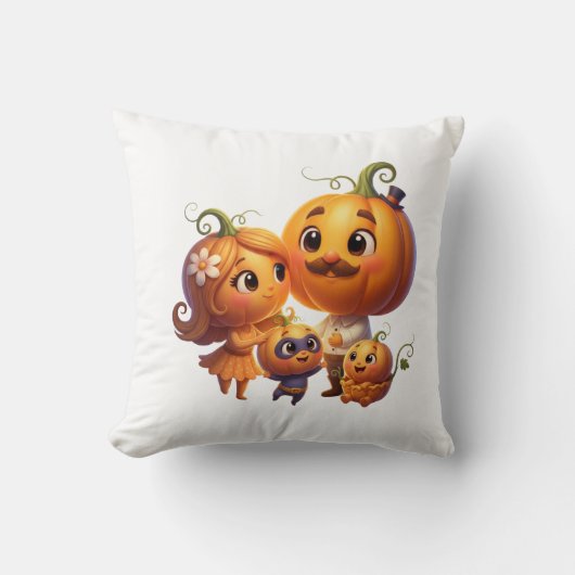 Cute Pumpkin Family Portrait Fall Throw Pillow クッション (正面)