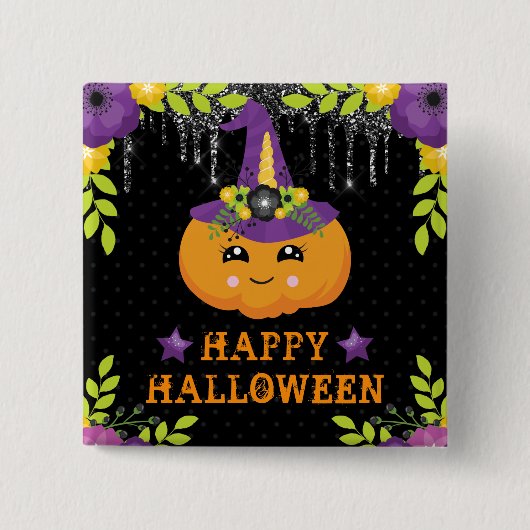 Cute Pumpkin Floral Happy Halloween 缶バッジ (正面)