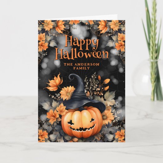 Cute Pumpkin Ghost Floral Photo Happy Halloween カード (正面)