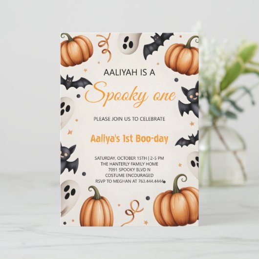 Cute Pumpkin & Ghost Halloween Birthday Invitation 招待状 (スタンド正面)