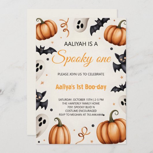 Cute Pumpkin & Ghost Halloween Birthday Invitation 招待状 (正面/裏面)