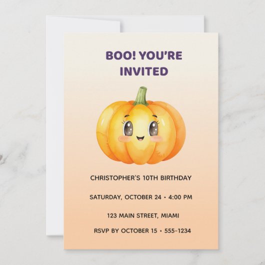 Cute Pumpkin Halloween Birthday Invitation | Kids 招待状 (正面)