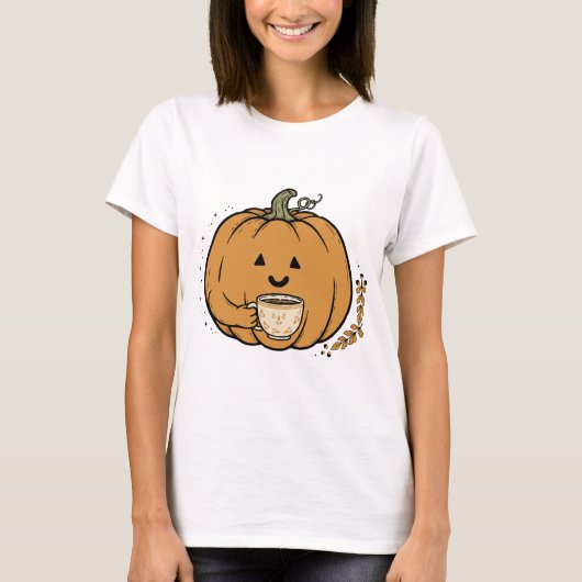 Cute pumpkin holding coffee mug Fall Tシャツ (正面)