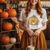 Cute pumpkin holding coffee mug Fall Tシャツ