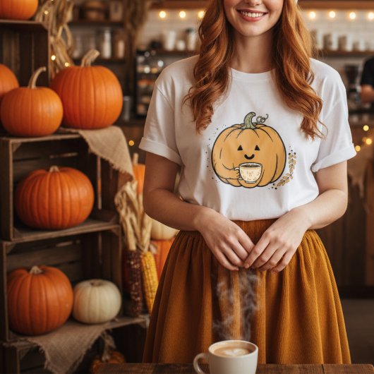 Cute pumpkin holding coffee mug Fall Tシャツ
