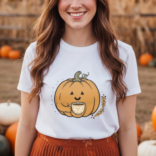 Cute pumpkin holding coffee mug Fall Tシャツ