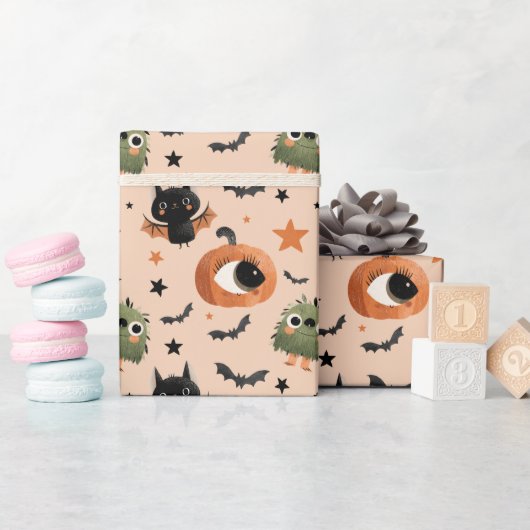 Cute Pumpkin Monster and Bat Pattern Halloween ラッピングペーパー (ベビーシャワー)