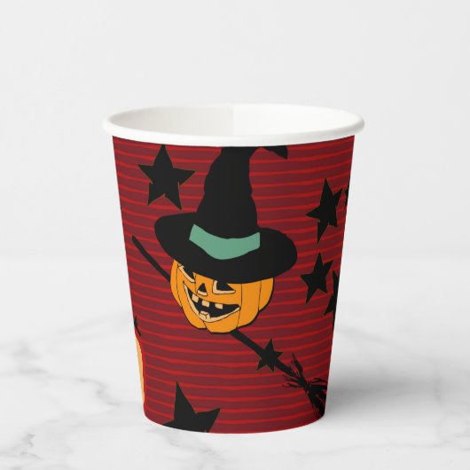Cute Pumpkin Orange Retro Jack-o’-Lantern Witch  紙コップ (左)