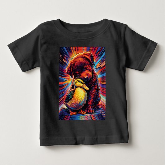 Cute Puppy and Duckling Hug Pop Art  ベビーTシャツ (正面)