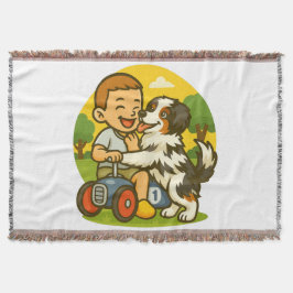 Cute Puppy and Kid Playtime スローブランケット