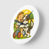 Cute Puppy and Kid Playtime ラウンド壁時計 (傾斜)