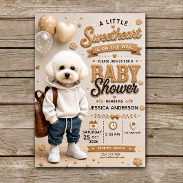 Cute Puppy Baby Shower Beige Little Sweetheart 招待状