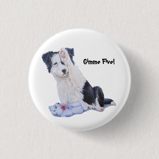 Cute puppy border collie gimme five! art button 缶バッジ (正面)