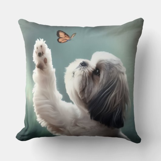 Cute Puppy & Butterfly Decorative Throw Pillow クッション (正面)