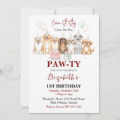 Cute Puppy Dog Boy 1st Birthday | Pawty Time First 招待状 (正面)