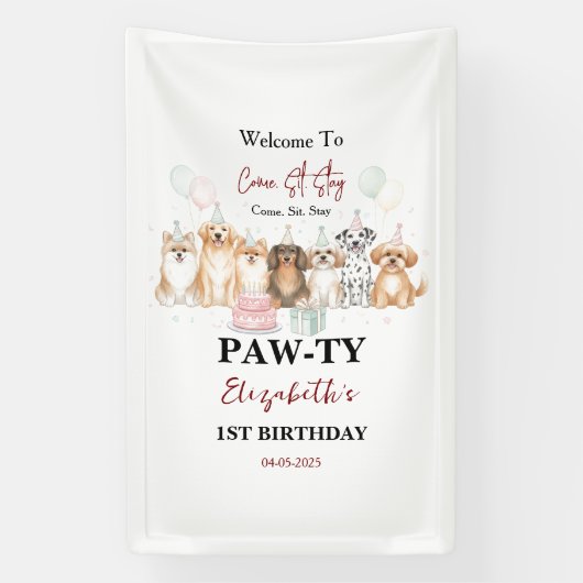 Cute Puppy Dog Boy 1st Birthday | Pawty Time First 横断幕 (縦)