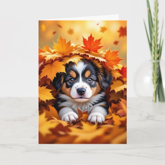 Cute Puppy Dog in Fall Leaves カード (正面)