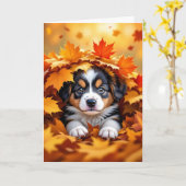 Cute Puppy Dog in Fall Leaves カード (黄色い花)