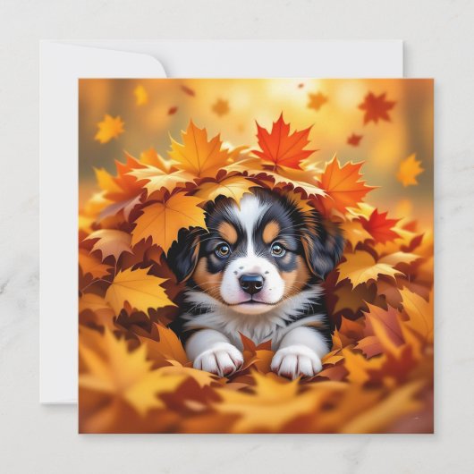 Cute Puppy Dog in Fall Leaves カード (正面)