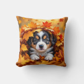 Cute Puppy Dog in Fall Leaves クッション (正面)