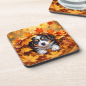 Cute Puppy Dog in Fall Leaves コースター (左側)