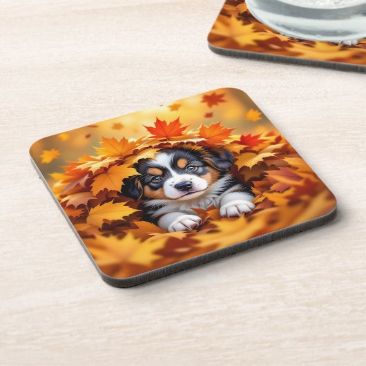Cute Puppy Dog in Fall Leaves コースター (左側)