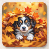 Cute Puppy Dog in Fall Leaves コースター (正面)