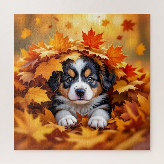 Cute Puppy Dog in Fall Leaves ジグソーパズル (縦)