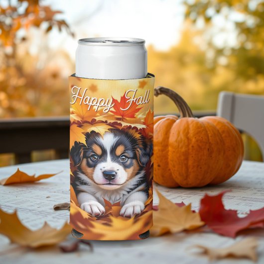 Cute Puppy Dog in Fall Leaves スリム缶クーラー