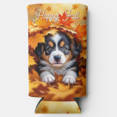 Cute Puppy Dog in Fall Leaves スリム缶クーラー (正面)